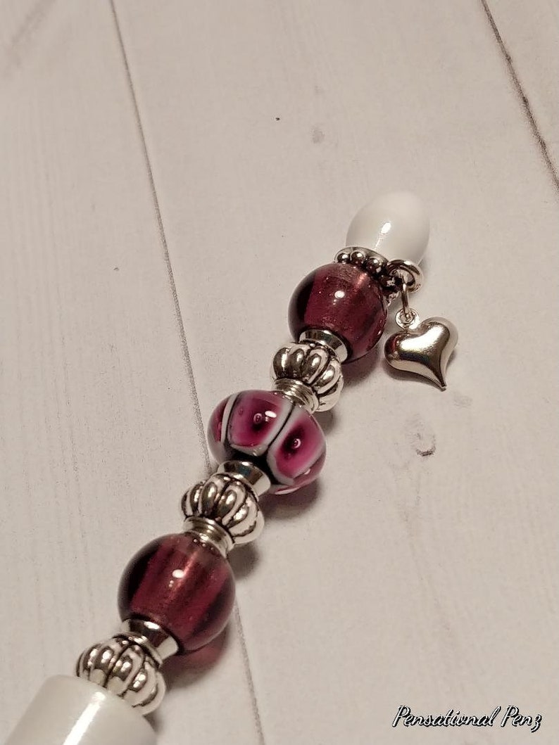 A Stunner! Hand Beaded Sassy PURPLE WHITE Metal Pen wLampwork Bead /& Heart Charm Gift 4 HerBFFPrincessJournalingBirthdaySummer 2020