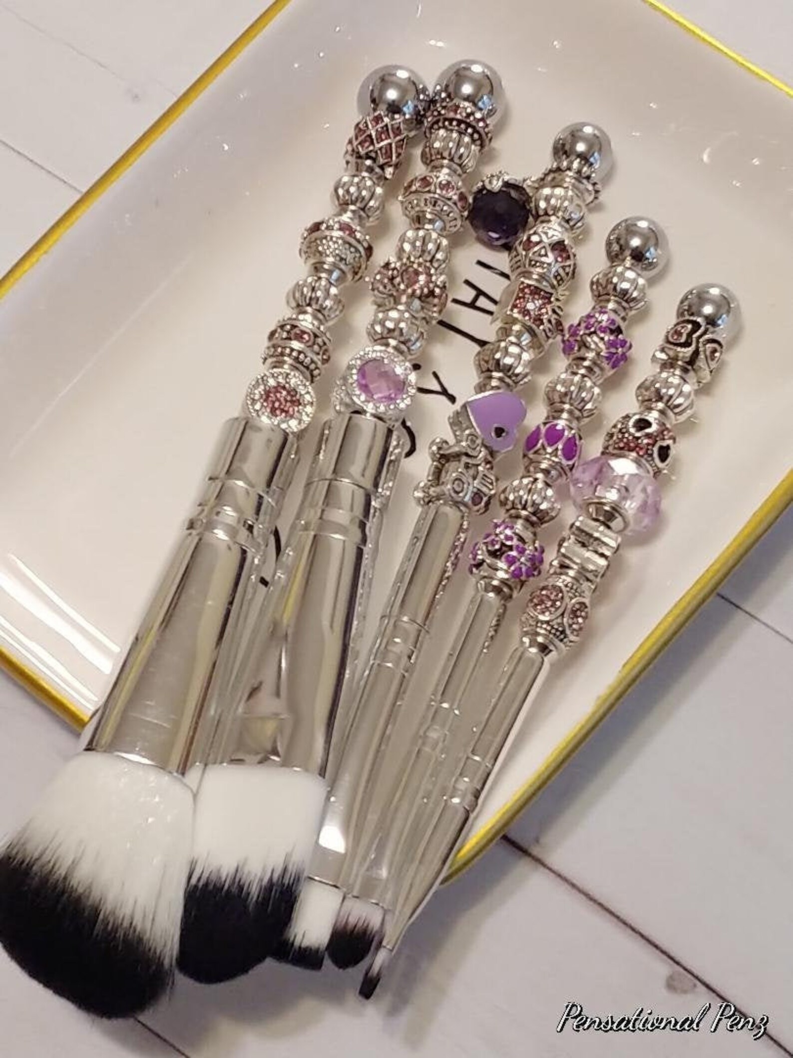 Hand Beaded Makeup Brushes 5 Fabulous Silver/Purple Beaded Etsy