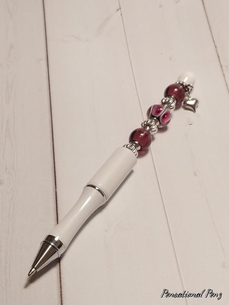 A Stunner! Hand Beaded Sassy PURPLE WHITE Metal Pen wLampwork Bead /& Heart Charm Gift 4 HerBFFPrincessJournalingBirthdaySummer 2020