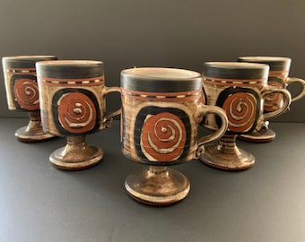 Five BRIGLIN Studio Pottery Earthenware Pedastal Footed Mugs Cups Brutalist Goblets 1960s-1970s MCM