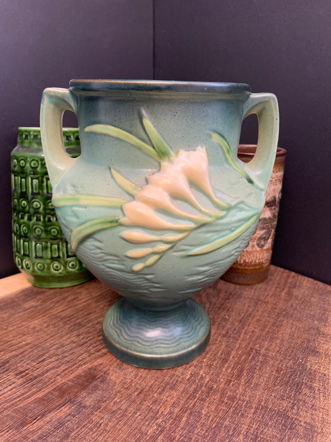 Roseville Pottery 2 Handled Green Freesia Bulbous Freesia Etsy