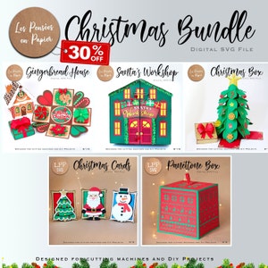 May include: A digital SVG file bundle of Christmas-themed paper crafts. The bundle includes a gingerbread house, Santa's workshop, a Christmas box, Christmas cards, and a panettone box. The designs are perfect for cutting machines and DIY projects.