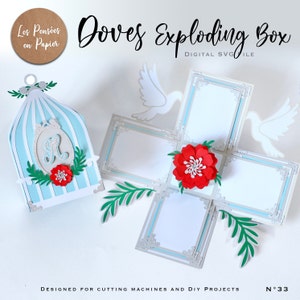 May include: A digital SVG file for a Doves Exploding Box craft project. The box is made of six panels with a dove design on two of the panels. The box is decorated with a red flower and green leaves. The text "Doves Exploding Box" and "Digital SVG File" is printed on the image. The text "Les Pensées en Papier" is printed on a brown circle.