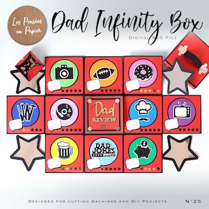 Op de afbeelding: Een rode en zwarte oneindigheidsdoos met verschillende pictogrammen, waaronder een camera, een voetbal, een donut, gereedschap, muziek, een koksmuts, een televisie, een bierpul, een spaarpot en de tekst "Dad Review" en "Dad Jokes".