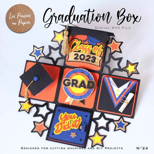 GRADUATION Exploding BOX SVG | Instant Download | Svg Project for Cricut, ScanNcut, Silhouette | Assembly video included | Grad 3d svg cut