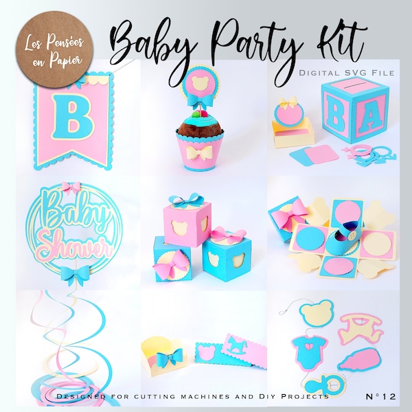 BABY Party KIT SVG File | Baby Shower 12 elements | Instant Download | Project for Cricut, Scanncut , Silhouette | Assembly Video Included