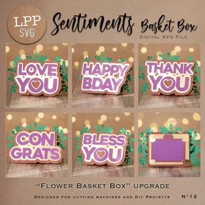 5 SENTIMENTS SVG Flower Basket UPGRADE Instant Download Project for Scanncut, Cricut, Cameo Love you Thank you 3d cut file image 1