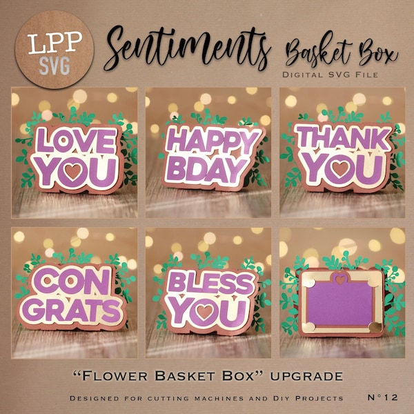 5 SENTIMENTS SVG - Flower Basket UPGRADE | Instant Download | Project for Scanncut, Cricut, Cameo | Love you Thank you 3d cut file