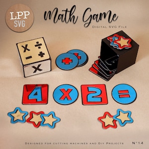 May include: A math game with a red, blue, and yellow color scheme. The game includes a cube with math symbols, a box with stars, and number and symbol tiles. The text on the image reads "Math Game" and "Digital SVG File".