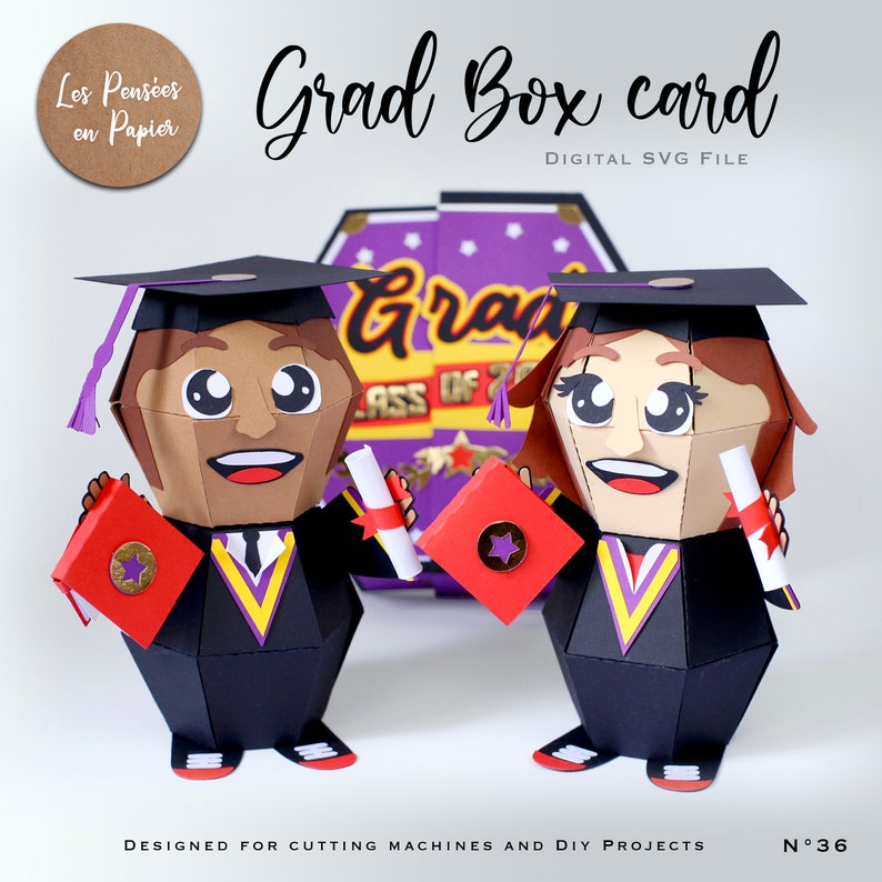 May include: A digital SVG file for a graduation box card. The card features two cartoon graduates, one with brown skin and one with light brown skin, both wearing black graduation gowns and caps. The graduates are holding diplomas and red boxes with gold stars. The box card is designed for cutting machines and DIY projects.