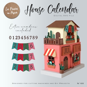 May include: A papercraft house calendar with a red and white striped awning, a brown roof, and a balcony with cacti. The calendar displays the date "JUL 14" and includes extra numbers for the years 2026, 2027, and 2028. The text "House Calendar" is displayed at the top.