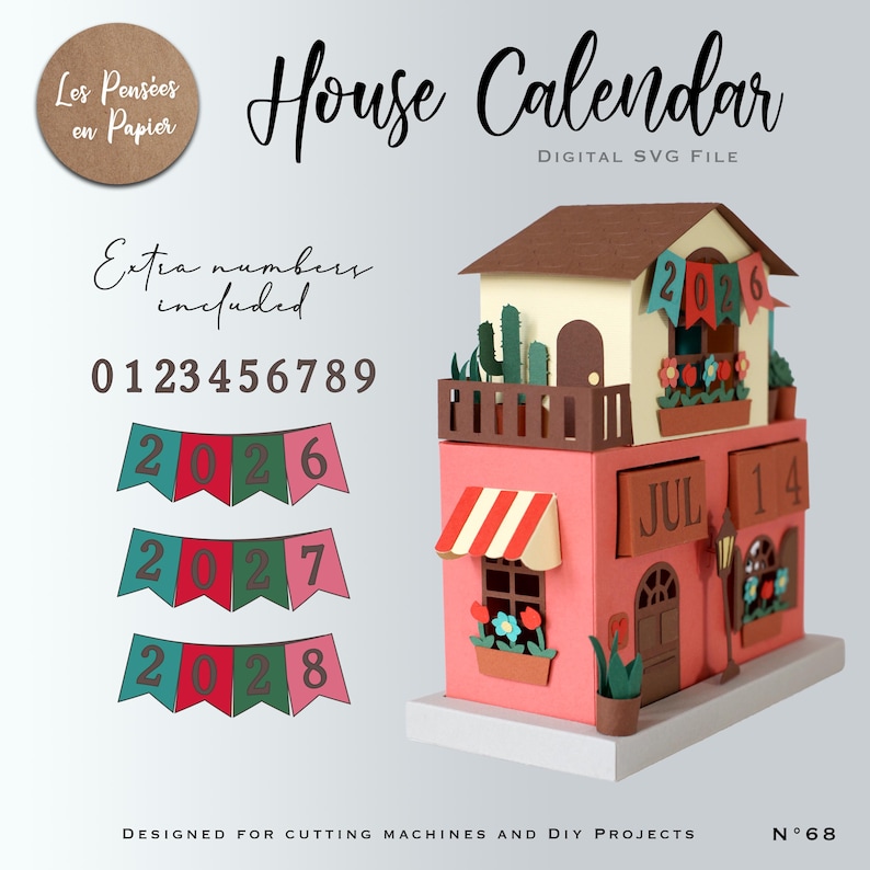 May include: A papercraft house calendar with a red and white striped awning, a brown roof, and a balcony with cacti. The calendar displays the date "JUL 14" and includes extra numbers for the years 2026, 2027, and 2028. The text "House Calendar" is displayed at the top.