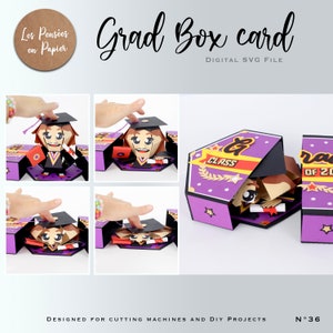 May include: A purple and black graduation box card with a pop-up figure of a graduate wearing a cap and gown. The box has a gold star design and the text "Class of 20" on the front.
