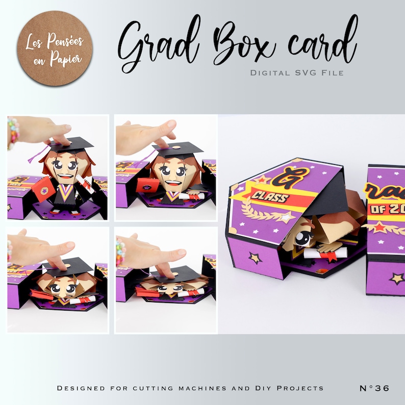 May include: A purple and black graduation box card with a pop-up figure of a graduate wearing a cap and gown. The box has a gold star design and the text "Class of 20" on the front.
