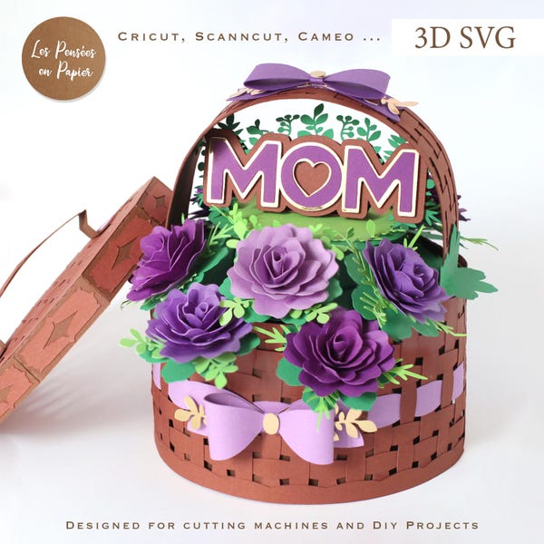 3D SVG Flower Basket | Mother's Day Cutting Machine Template for Cricut, ScanNCut & Silhouette | Assembly Video Included