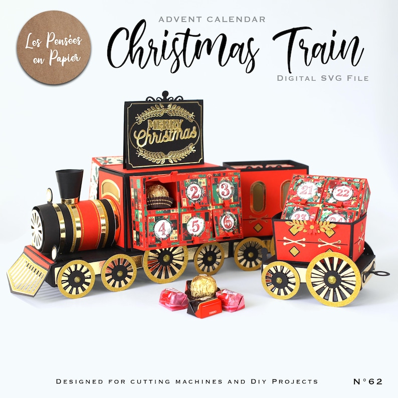 K&ouml;nnte beinhalten: Ein roter, schwarzer und goldener Weihnachtszug-Adventskalender mit 22 nummerierten T&uuml;ren. Der Zug besteht aus einer Lokomotive, einem G&uuml;terwagen und einem Schlusslicht. Die Lokomotive hat einen schwarzen Schornstein und eine goldene Glocke. Der G&uuml;terwagen hat ein Schild mit der Aufschrift "Frohe Weihnachten". Das Schlusslicht hat einen goldenen Stern auf dem Dach. Der Zug steht vor einem wei&szlig;en Hintergrund.