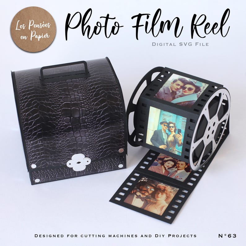 Puede incluir: Una caja negra con textura de piel de cocodrilo, asa y cierre plateado en forma de flor junto a una estructura de carrete de pel&iacute;cula negra que muestra fotos vintage. El texto dice Photo Film Reel, Digital SVG File y N 63.