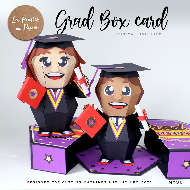 May include: A digital SVG file for a graduation box card. The card features two cartoon graduates, one female and one male, holding diplomas and books. The box is purple with gold stars and the text "Grad Box card" and "Digital SVG File".