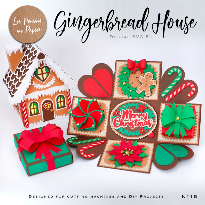 May include: A gingerbread house shaped pop-up card with a red, green and white Christmas theme. The card features a gingerbread house, a wreath, candy canes, a poinsettia, a bow and the words "Merry Christmas".