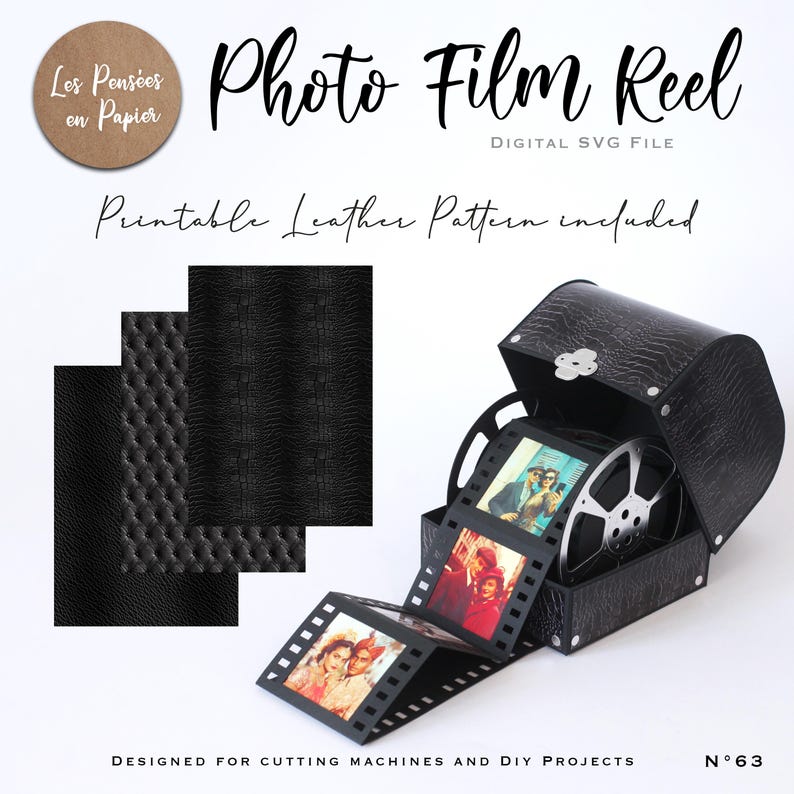 Puede incluir: Una caja de piel sint&eacute;tica negra con tapa abatible que contiene un carrete de pel&iacute;cula met&aacute;lico y una tira de pel&iacute;cula fotogr&aacute;fica. El texto dice: Photo Film Reel, Digital SVG File, Printable Leather Pattern included, Designed for cutting machines.