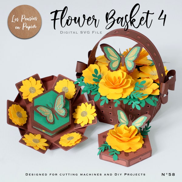 FLOWER BASKET 4 - 3D SVG Butterflies and Flowers | Instant Download| Project for Cricut, ScanNcut, Cameo | with assembly video | lppsvg