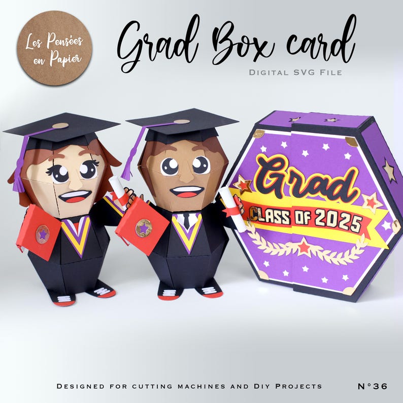May include: A digital SVG file for a graduation box card. The card features a purple hexagon with gold stars and the text "Grad Class of 2025". Two graduation figures are included, one with brown skin and one with white skin.
