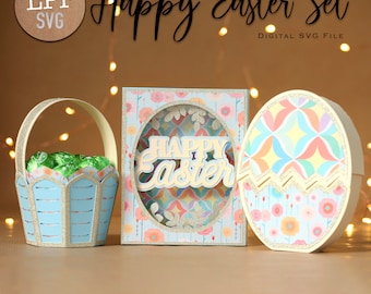 Ensemble JOYEUX Pâques - SVG 3D | Téléchargement instantané | Coffret, carte et panier de Pâques | Projet pour Cricut, Scanncut, Cameo - LPPSVG