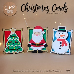 May include: Three Christmas card designs featuring a green Christmas tree, Santa Claus, and a snowman. The cards are decorated with gold glitter and have a layered papercraft style.