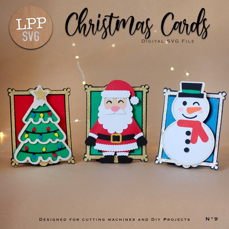 May include: Three Christmas card designs featuring a green Christmas tree, Santa Claus, and a snowman. The cards are decorated with gold glitter and have a layered papercraft style.