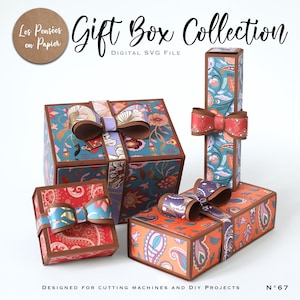 May include: A selection of patterned gift boxes in different shapes and sizes, with floral and paisley designs in teal, orange, and red. Each box is decorated with a matching paper bow. The image includes the text "Gift Box Collection" and "Digital SVG File".