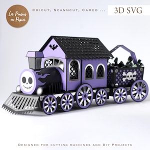 Puede incluir: Un tren de papel 3D SVG en morado y negro con una cara de calavera en la parte delantera, un techo con recortes y un vagón de carga con un diseño de calavera y tibias cruzadas. El tren incluye el texto "Cricut, Scanncut, Cameo... 3D SVG" y "Designed for cutting machines and DIY projects."