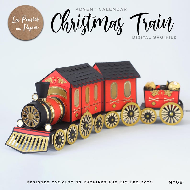 K&ouml;nnte beinhalten: Roter und schwarzer Papierbastel-Adventskalender in Form eines Weihnachtszuges mit goldenen Akzenten. Der Zug besteht aus einer Lokomotive, drei G&uuml;terwagen und einem Schlusslicht. Der Zug ist f&uuml;r Schneidemaschinen und DIY-Projekte konzipiert. N&deg;62.