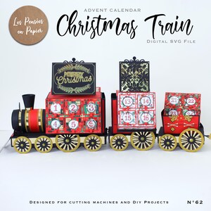 K&ouml;nnte beinhalten: Ein roter und goldener Weihnachtszug-Adventskalender mit 24 nummerierten T&uuml;ren. Der Zug hat eine schwarze Lokomotive mit einem roten Schornstein und goldenen Verzierungen. Der Zug ist mit einem "Frohe Weihnachten"-Schild und Schneeflocken verziert. Der Zug ist f&uuml;r Schneidemaschinen und DIY-Projekte konzipiert. N&deg;62