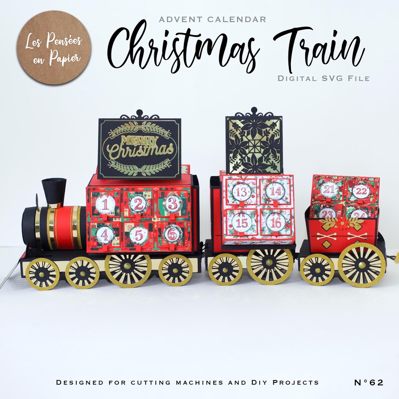 K&ouml;nnte beinhalten: Ein roter und goldener Weihnachtszug-Adventskalender mit 24 nummerierten T&uuml;ren. Der Zug hat eine schwarze Lokomotive mit einem roten Schornstein und goldenen Verzierungen. Der Zug ist mit einem "Frohe Weihnachten"-Schild und Schneeflocken verziert. Der Zug ist f&uuml;r Schneidemaschinen und DIY-Projekte konzipiert. N&deg;62