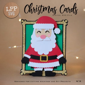 May include: A digital SVG file for a Christmas card featuring a cartoon Santa Claus in a red suit with a white beard and a gold belt. The Santa Claus is standing in a gold frame with a green background. The text "Christmas Cards" and "Digital SVG File" is included in the image.