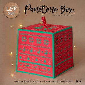 May include: A red and green Christmas-themed box with a snowflake and reindeer pattern. The box is designed for cutting machines and DIY projects. The text "Merry Christmas" is on the front of the box.