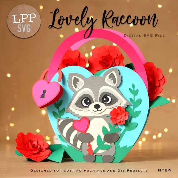 LOVELY RACCOON 3D SVG Flower Basket Candy holder | Instant Download| Project for Cricut, ScanNcut, Cameo| Video included | lppsvg