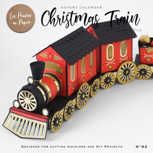 K&ouml;nnte beinhalten: Ein roter und schwarzer Weihnachtszug-Adventskalender mit schwarzem Dach und goldenen Akzenten. Der Zug besteht aus einer Lokomotive und drei G&uuml;terwagen. Der Text "Christmas Train" ist in Wei&szlig; auf einem schwarzen Banner &uuml;ber dem Zug geschrieben. Der Text "Digital SVG File" ist in Wei&szlig; auf einem schwarzen Banner unter dem Zug geschrieben. Der Text "Les Pens&eacute;es en Papier" ist in Wei&szlig; auf einem braunen Kreis in der oberen linken Ecke des Bildes geschrieben.