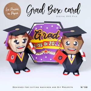 May include: A digital SVG file for a graduation box card. The card features a purple hexagon with gold stars and the text "Grad Class of 2022". Two graduation figures, one with brown skin and one with light skin, are holding diplomas and books.