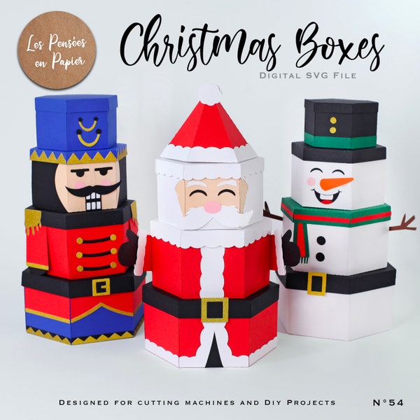 BOÎTES DE NOËL 3d SVG - Boîtes Père Noël, Casse-Noisette et Bonhomme de neige | Télécharger le fichier numérique | Projets pour Scanncut, Cricut, Cameo