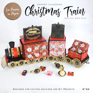 K&ouml;nnte beinhalten: Ein roter und goldener Weihnachtszug-Adventskalender mit 24 nummerierten F&auml;chern. Der Zug hat eine schwarze Lokomotive mit einem goldenen Streifen und einen roten Schlusswagen. Der Zug ist mit einem "Frohe Weihnachten"-Schild und einem gr&uuml;n-goldenen Design verziert. Der Zug ist f&uuml;r Schneidemaschinen und DIY-Projekte konzipiert.