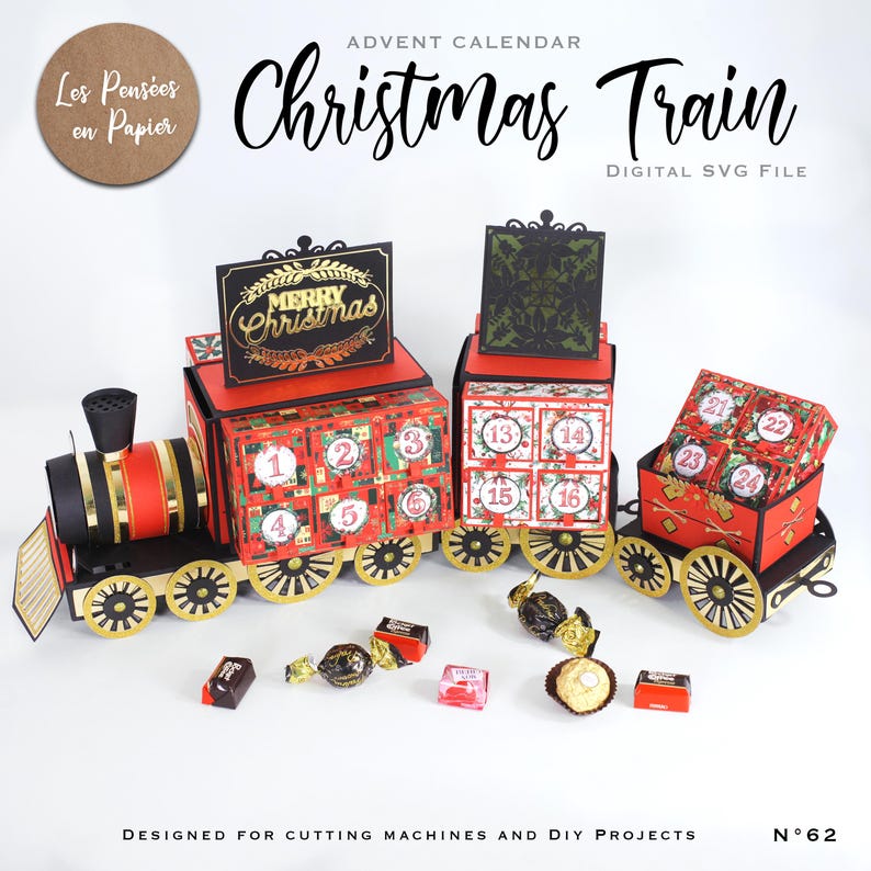 K&ouml;nnte beinhalten: Ein roter und goldener Weihnachtszug-Adventskalender mit 24 nummerierten F&auml;chern. Der Zug hat eine schwarze Lokomotive mit einem goldenen Streifen und einen roten Schlusswagen. Der Zug ist mit einem "Frohe Weihnachten"-Schild und einem gr&uuml;n-goldenen Design verziert. Der Zug ist f&uuml;r Schneidemaschinen und DIY-Projekte konzipiert.