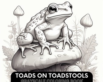 TOADS ON TOADSTOOLS - 50 Grayscale Coloring Pages