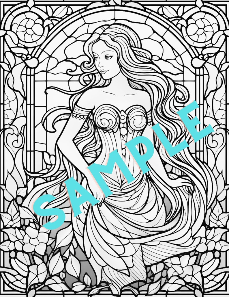MERMAIDS IN GLASS 50 Stained Glass Coloring Pages - Etsy