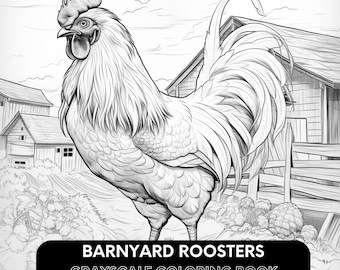 May include: A black and white line drawing of a rooster standing in a farmyard. The rooster has a large comb and wattles, and its tail feathers are long and flowing. The rooster is standing in front of a wooden fence and a barn.