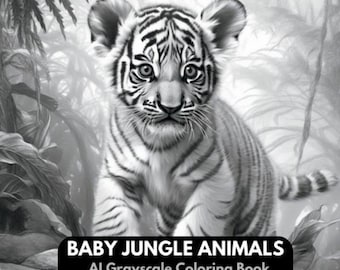 BABY JUNGLE ANIMALS - 50 Grayscale Coloring Pages