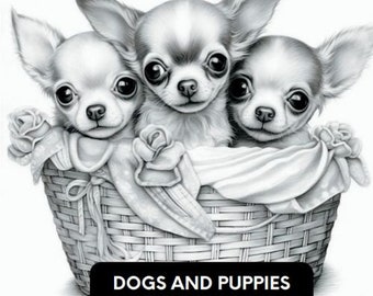 DOGS AND PUPPIES - 50 Grayscale Coloring Pages
