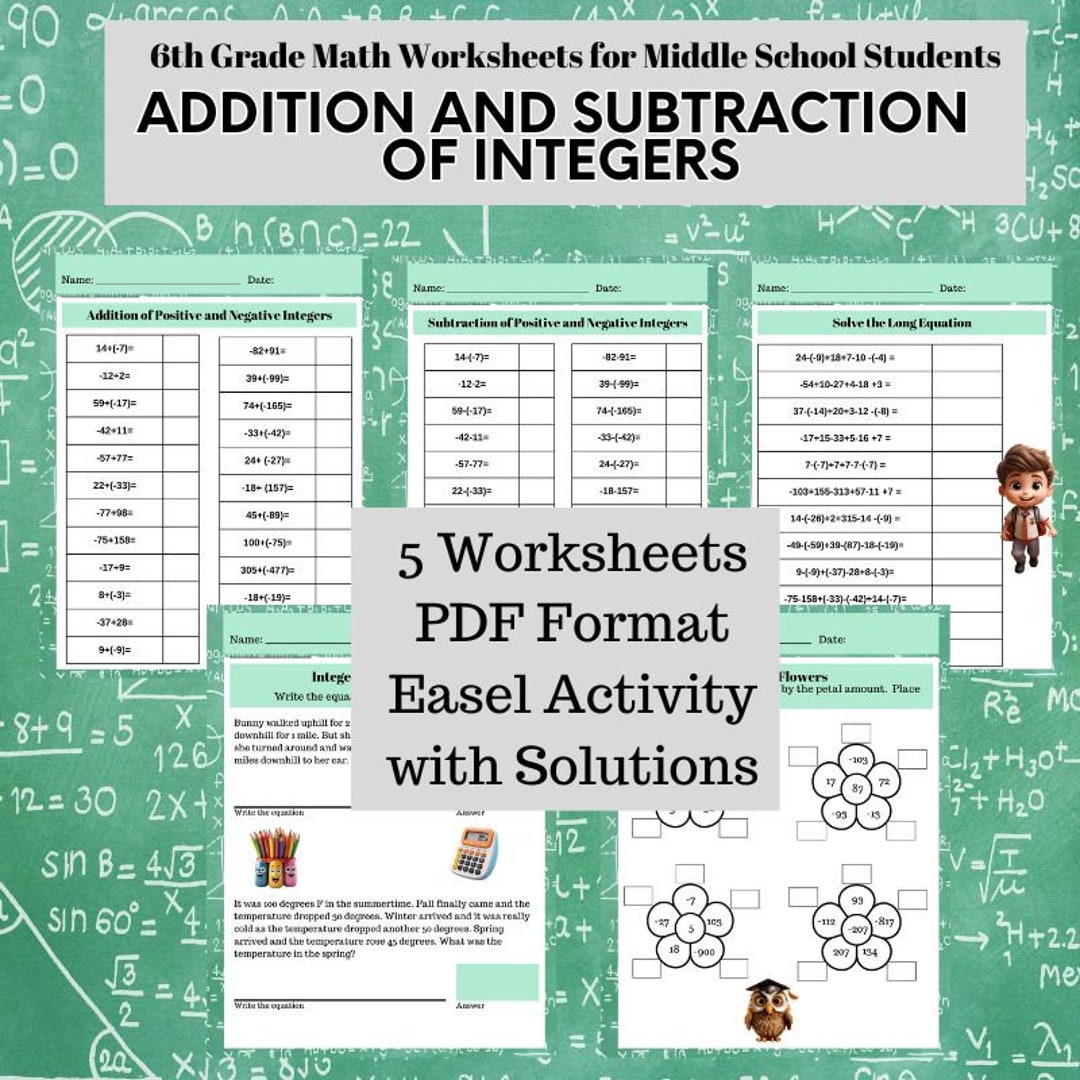 ADDITION &amp; SUBTRACTION of INTEGERS 6th Grade Math Worksheets for Middle ...