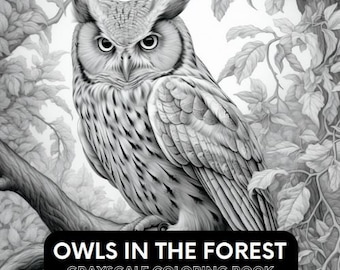OWLS in the FOREST - 50 Grayscale Coloring Pages