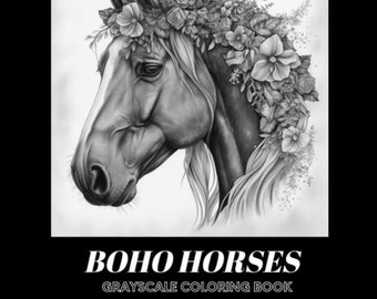 BOHO HORSES - 50 Grayscale Coloring Pages